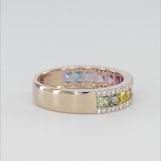 18K Rainbow Sapphire Diamond Princess Ring