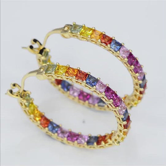 18K Rainbow Sapphire Princess Hoops